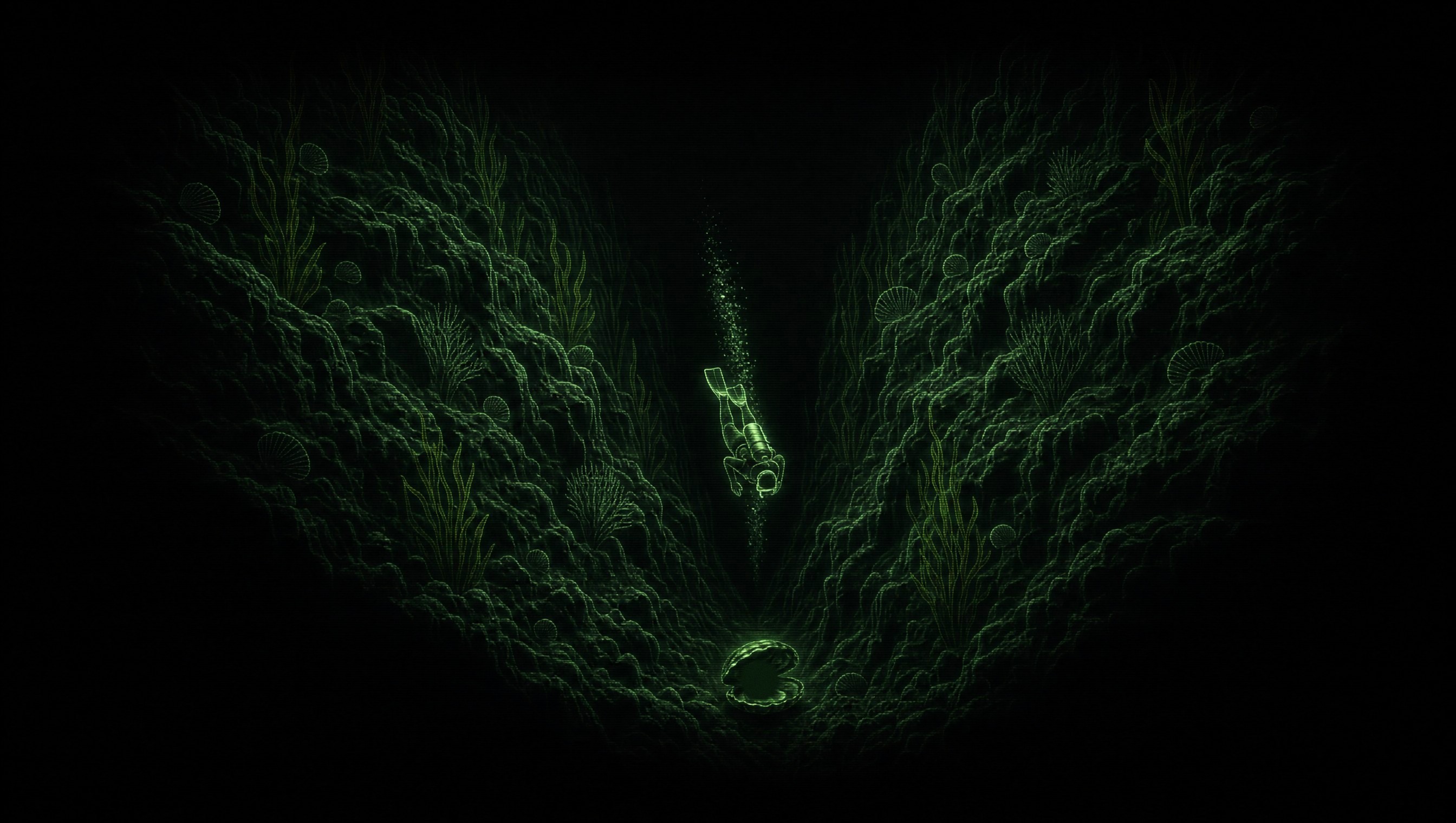 A diver descending a deep trench toward an opened shell holding a pearl